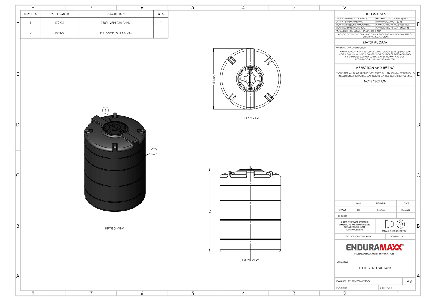 Enduramaxx 1,500 Litre Vertical Potable Water Storage Tank 1.0 SG