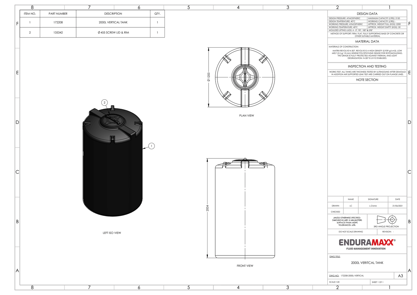 Enduramaxx 2,000 Litre Vertical Non Potable Water Storage Tank 1.0 SG