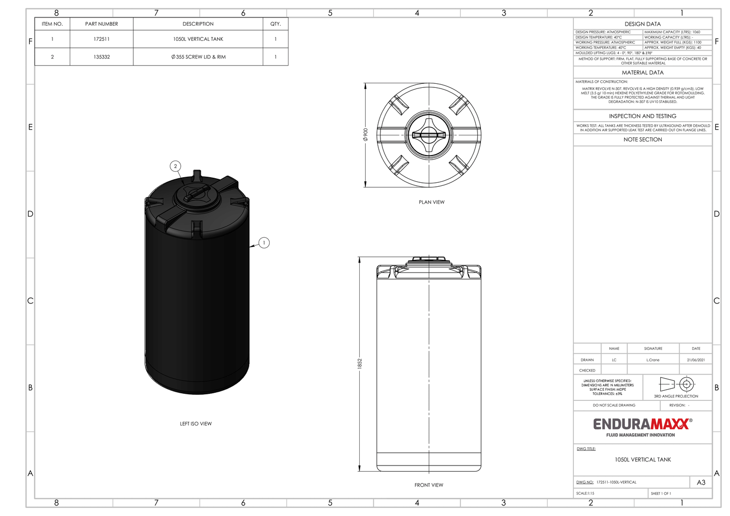 Enduramaxx 1,050 Litre Vertical Rainwater Harvesting Tank 1.0 SG