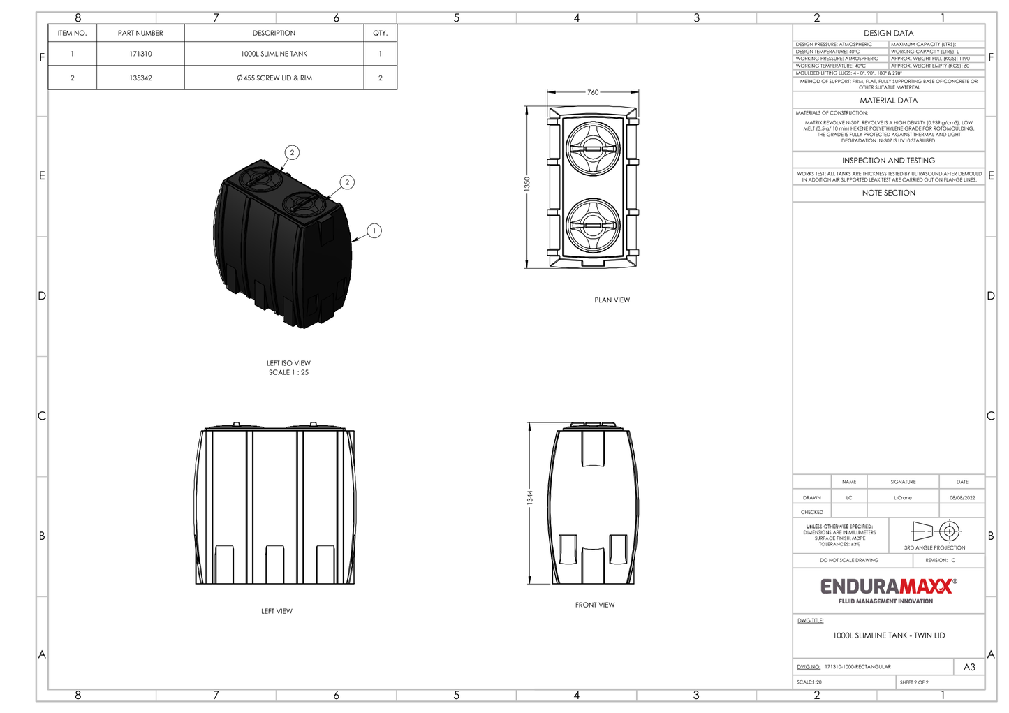 Enduramaxx 1,000 Litre Rectangular Slimline Tank - 2 Lids 1.0 SG