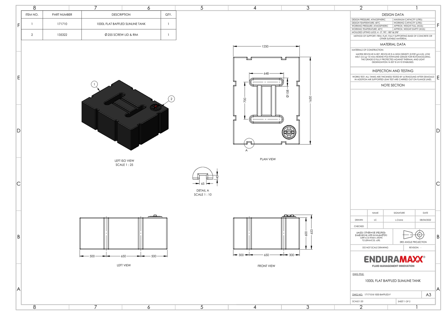 Enduramaxx 1,000 Litre Baffled Flat Slimline Tank 1.0 SG