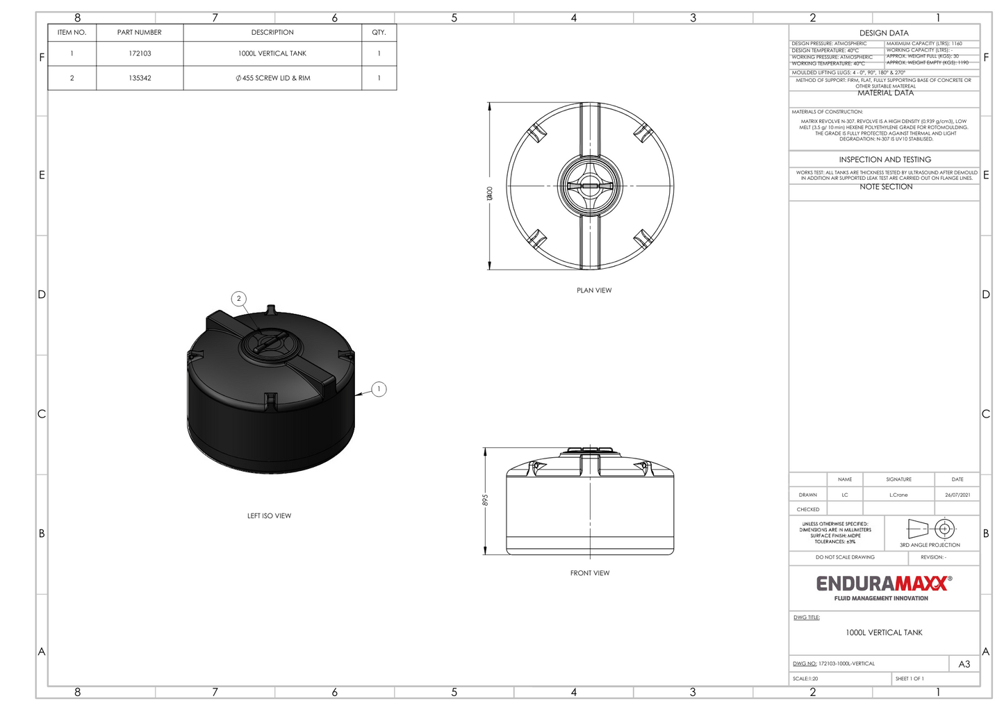 Enduramaxx 1000 Litre Vertical Rainwater Harvesting Tank 1.0 SG