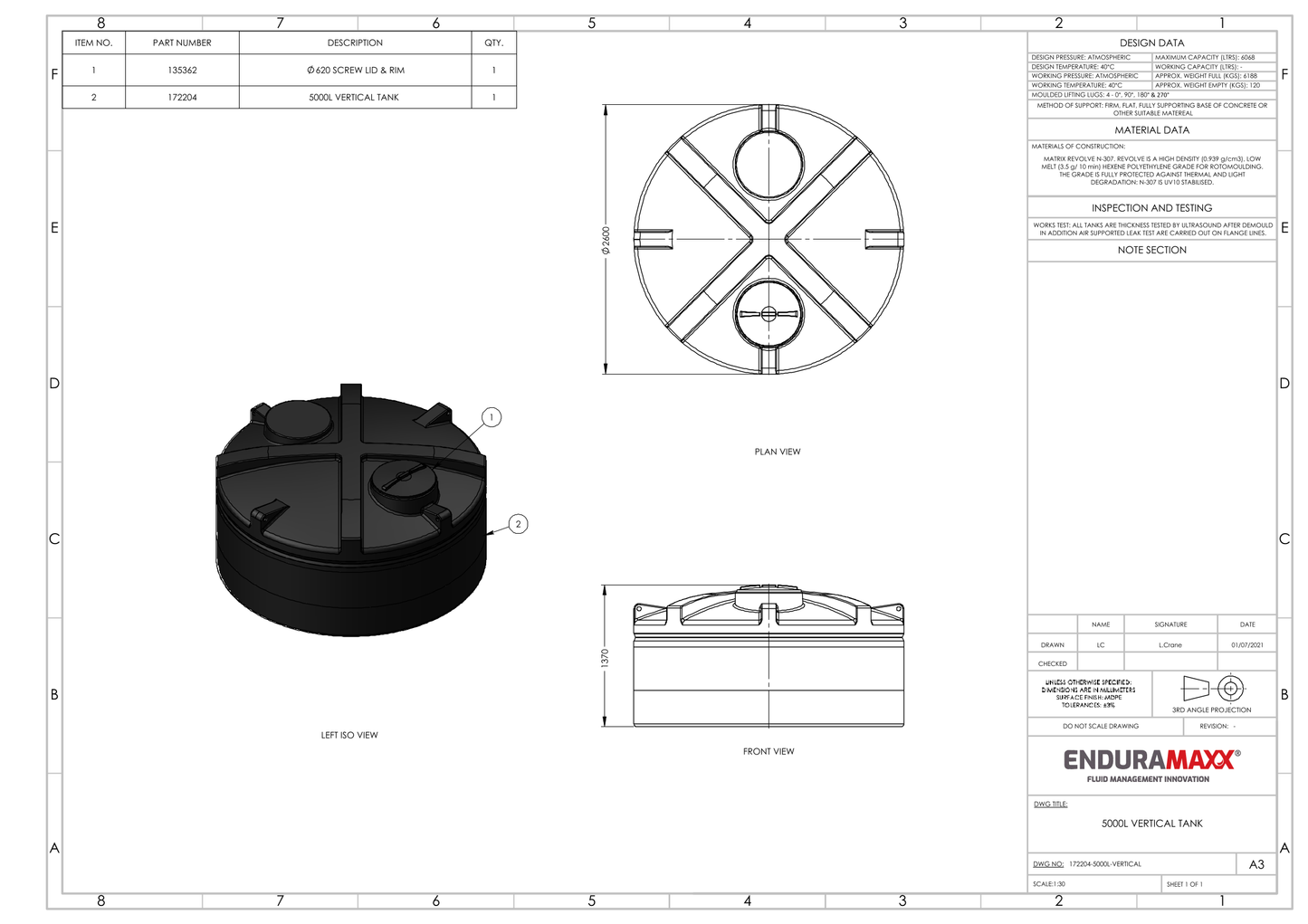 Enduramaxx 5,000 Litre Vertical Rainwater Harvesting Tank 1.0 SG - Low Profile