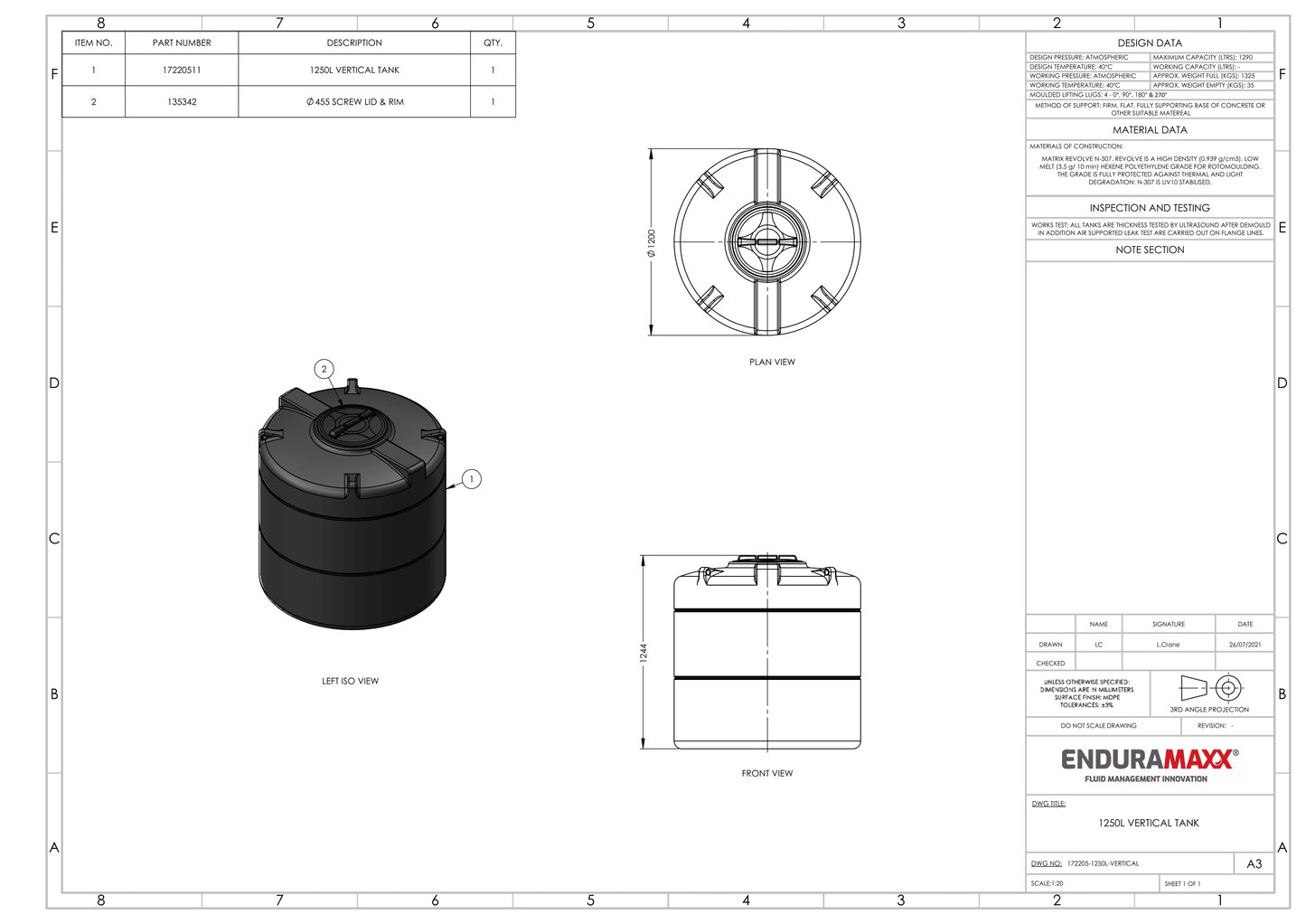 Enduramaxx 1,250 Litre Vertical Rainwater Harvesting Tank 1.0 SG