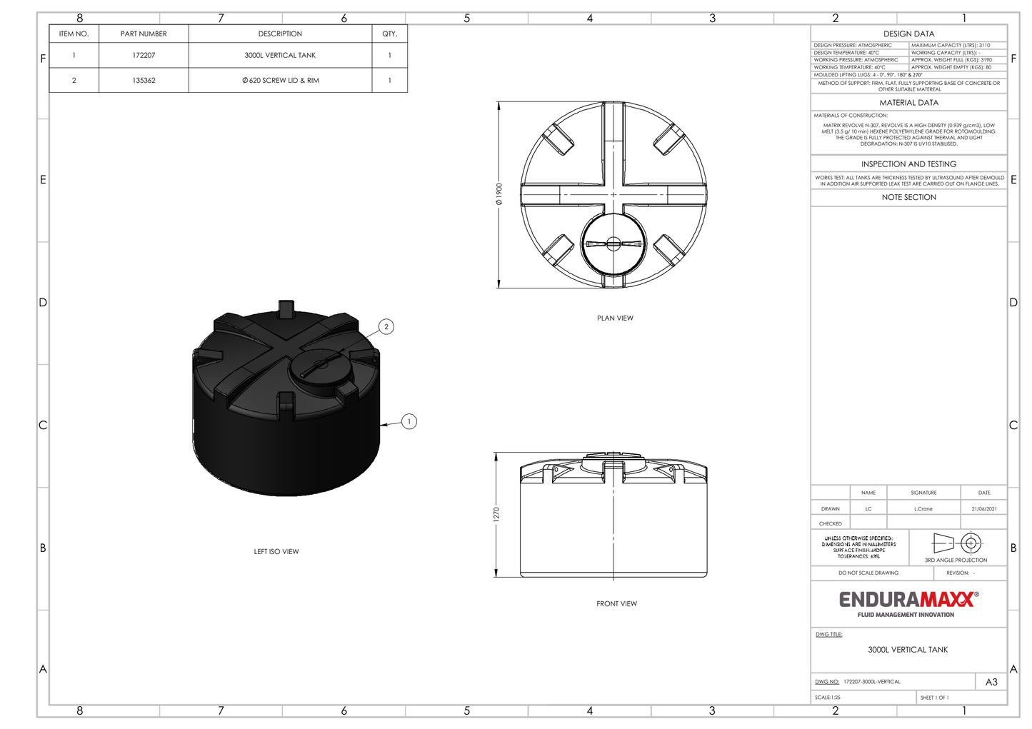 Enduramaxx 3,000 Litre Vertical Rainwater Harvesting Tank 1.0 SG - Low Profile