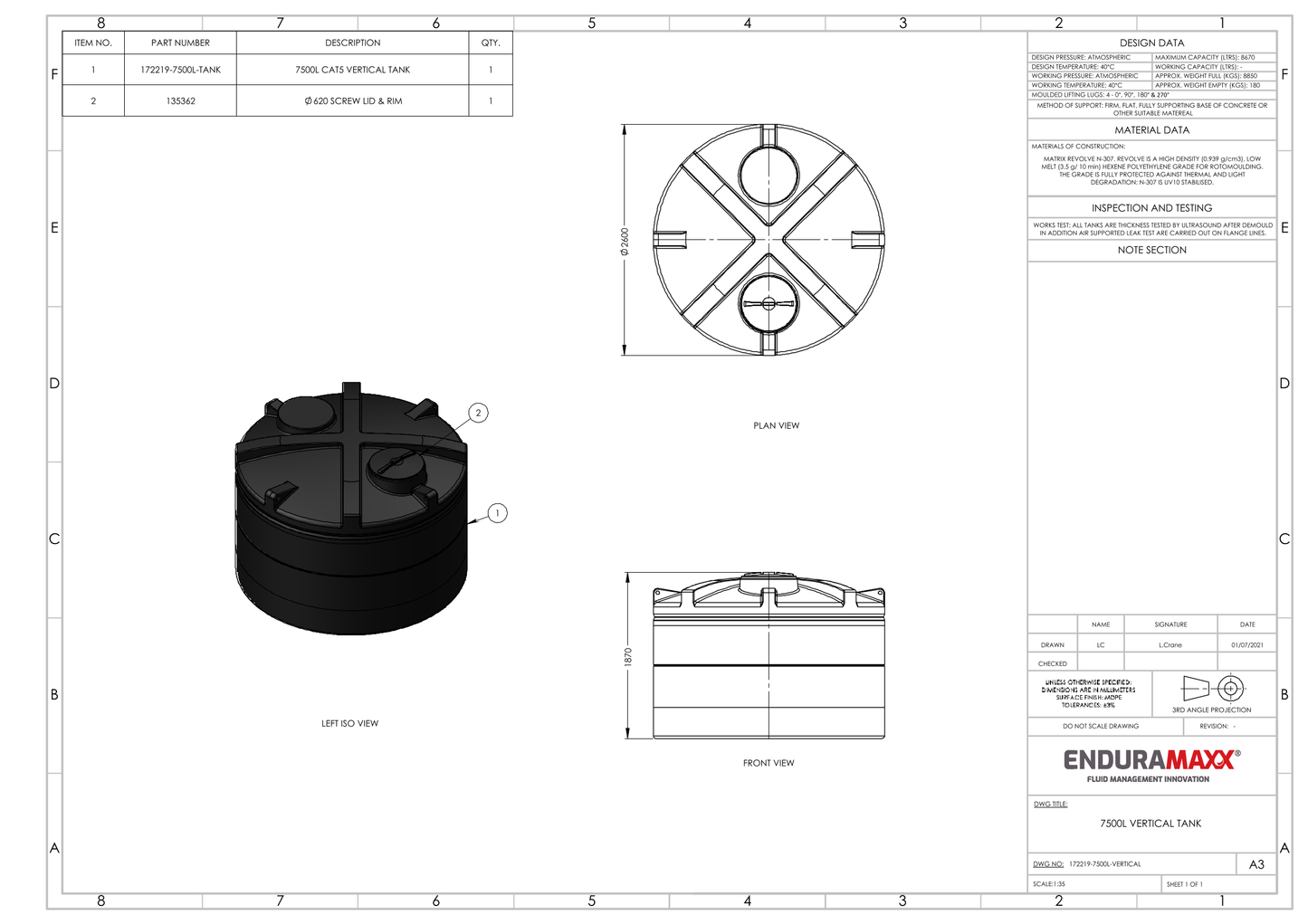 Enduramaxx 7,500 Litre Vertical Non Potable Water Storage Tank 1.0 SG - Low Profile