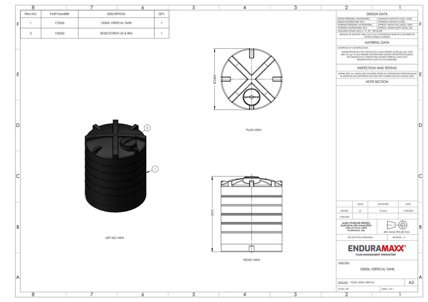 Enduramaxx 12,000 Litre Vertical Non Potable Water Storage Tank 1.0 SG