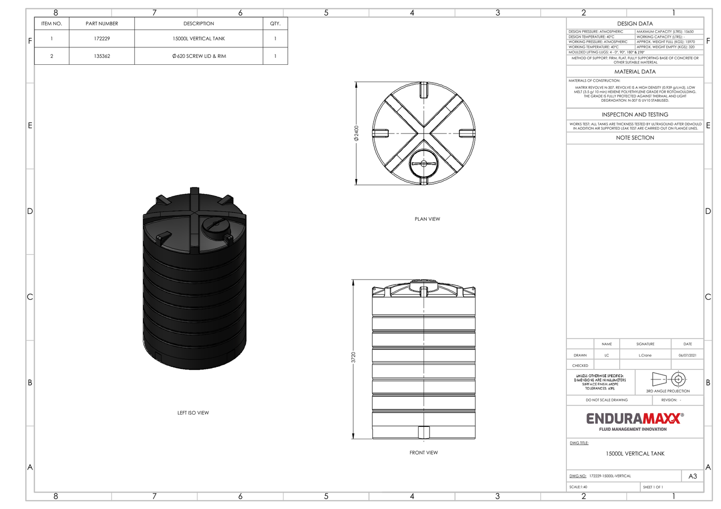 Enduramaxx 15,000 Litre Vertical Non Potable Water Storage Tank 1.0 SG