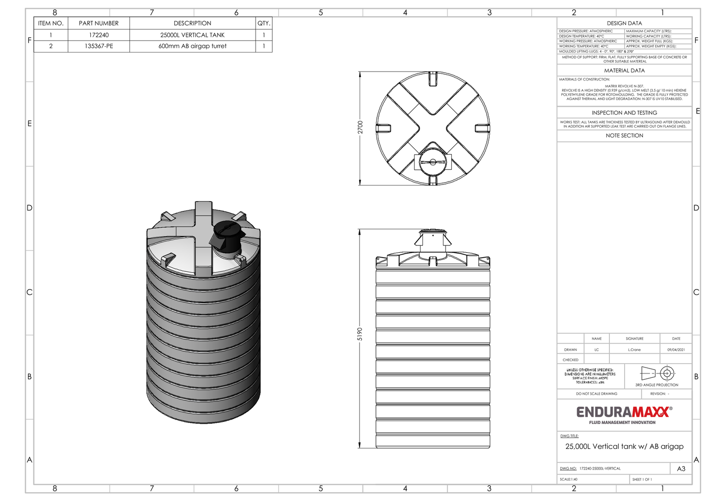 Enduramaxx 25,000 Litre Vertical Potable Water Tank with Turret with AB air gap weir for up to 50mm inlet