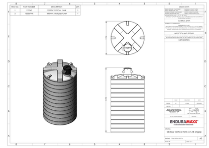 Enduramaxx 25,000 Litre Vertical Potable Water Tank with Turret with AB air gap weir for up to 50mm inlet