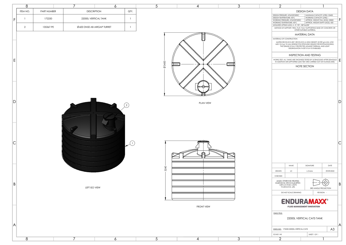 Enduramaxx 22,000 Litre Vertical Potable Water Tank with Turret with AB air gap weir for up to 50mm inlet