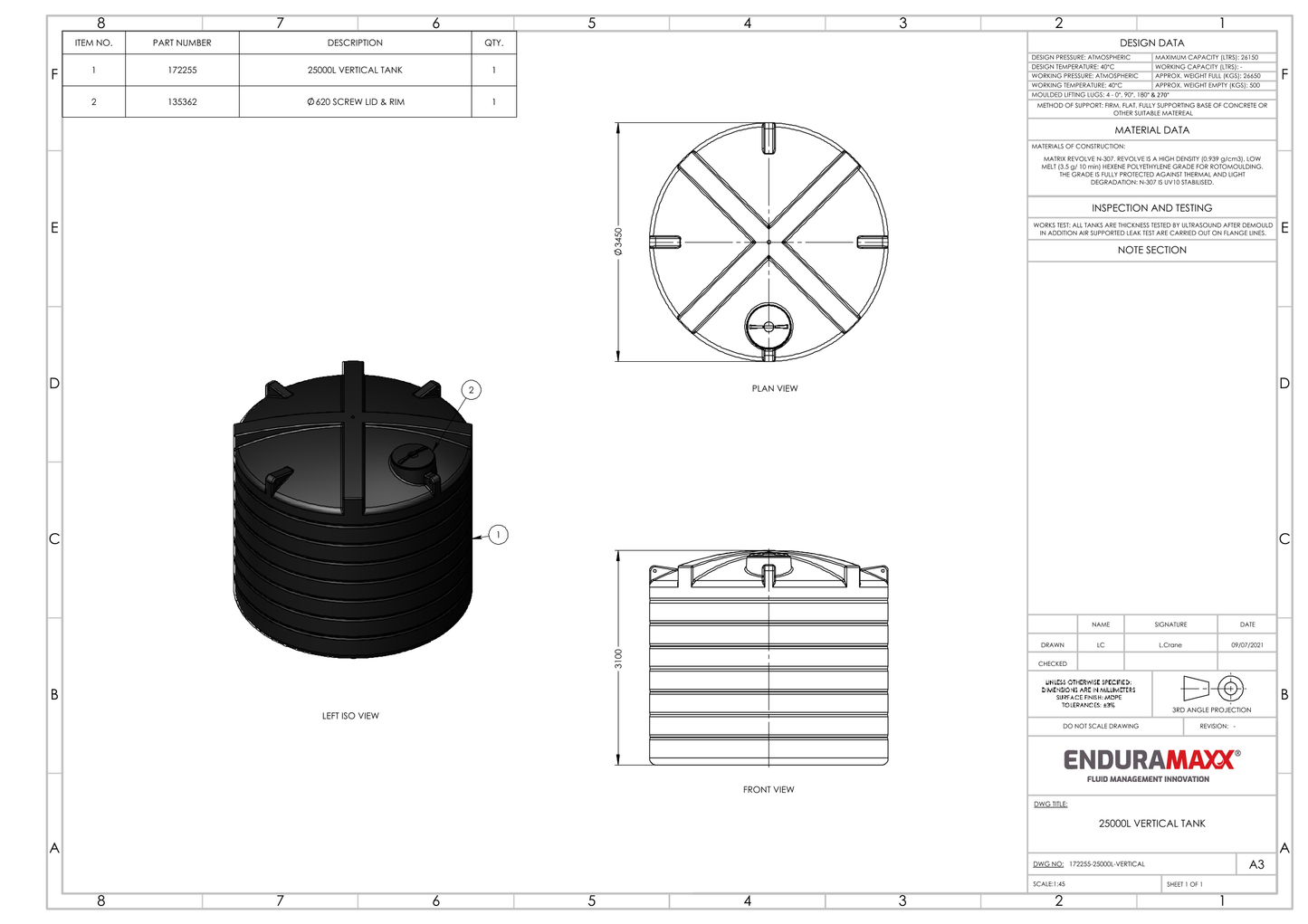 Enduramaxx 25,000 Litre Vertical Non Potable Water Storage Tank 1.0 SG - Low Profile