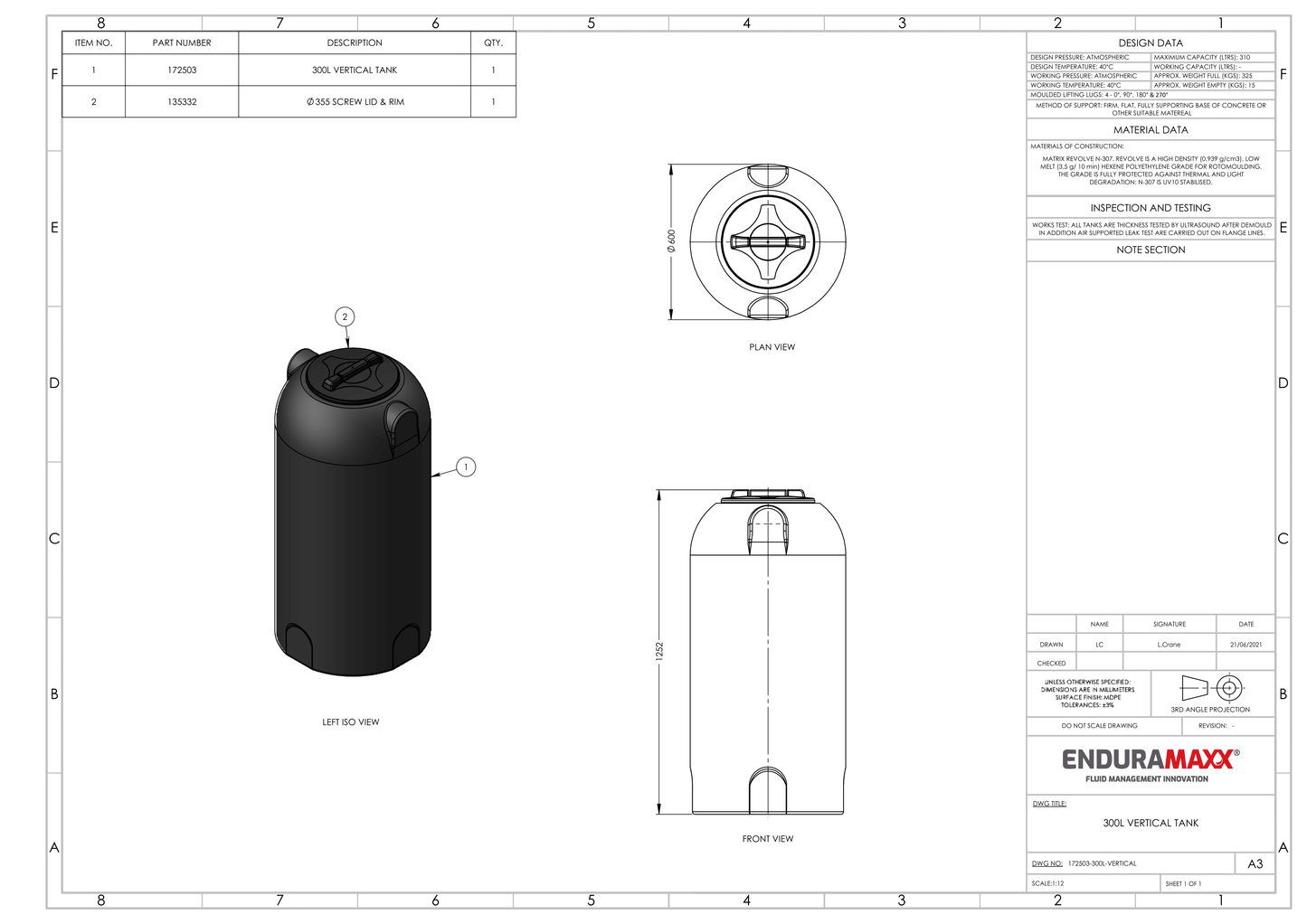 Enduramaxx 300 Litre Vertical Rainwater Harvesting Tank 1.0 SG