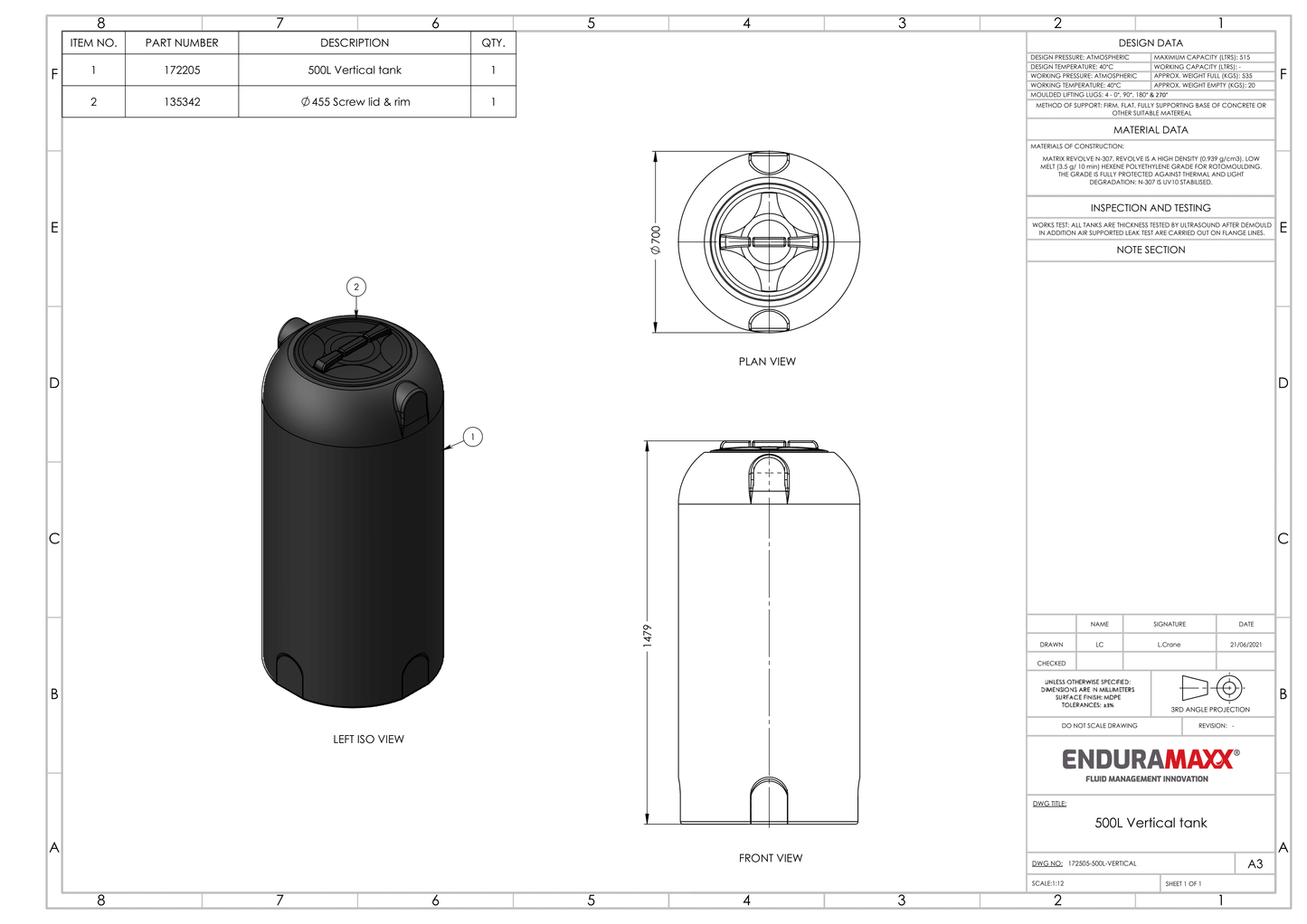 Enduramaxx 500 Litre Vertical Rainwater Harvesting Tank 1.0 SG